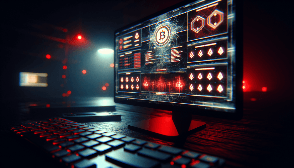 Computer screen showing cryptocurrency wallet with security warning symbols in dark room