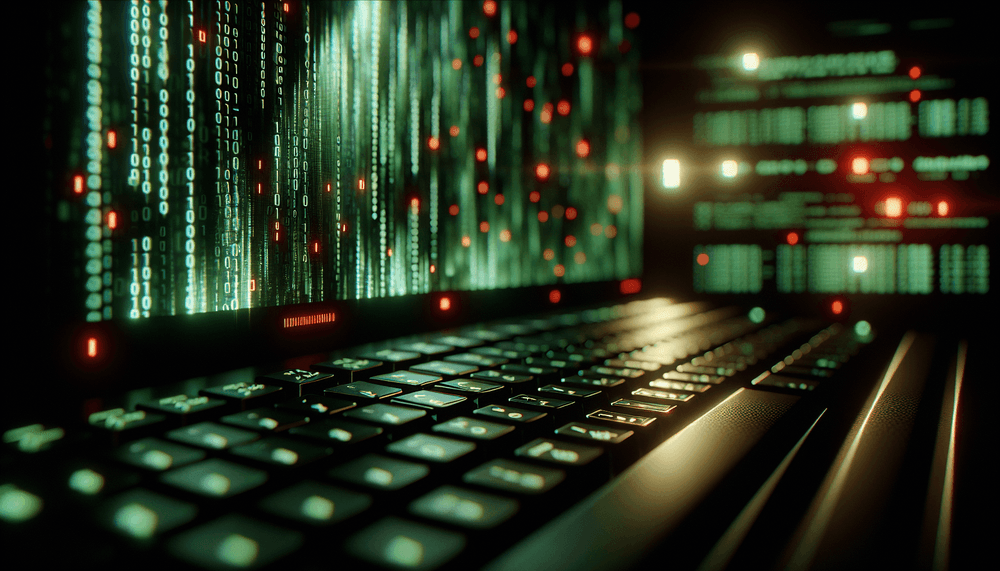 Computer screen showing code with security warning indicators in dark environment