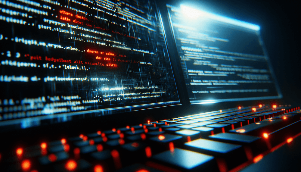 Computer terminal showing security alerts and code on dark screen