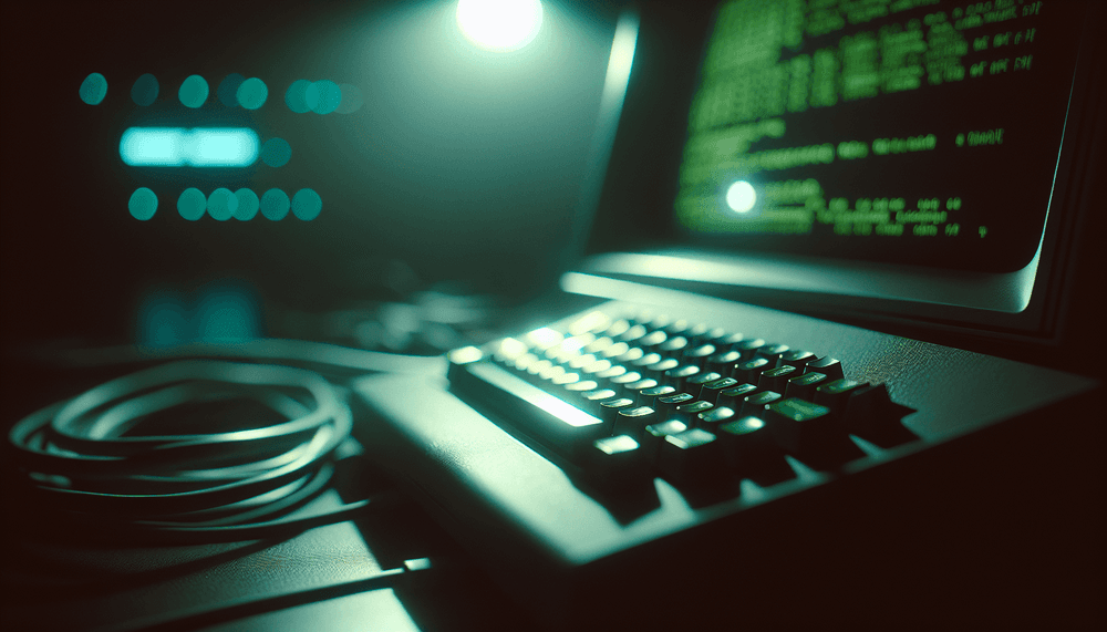 Vintage computer terminal with glowing green text in dark server room environment