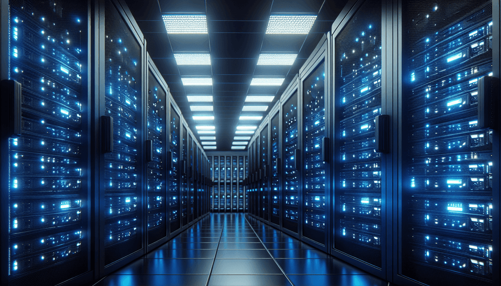 Modern server room with blue lighting and black server racks