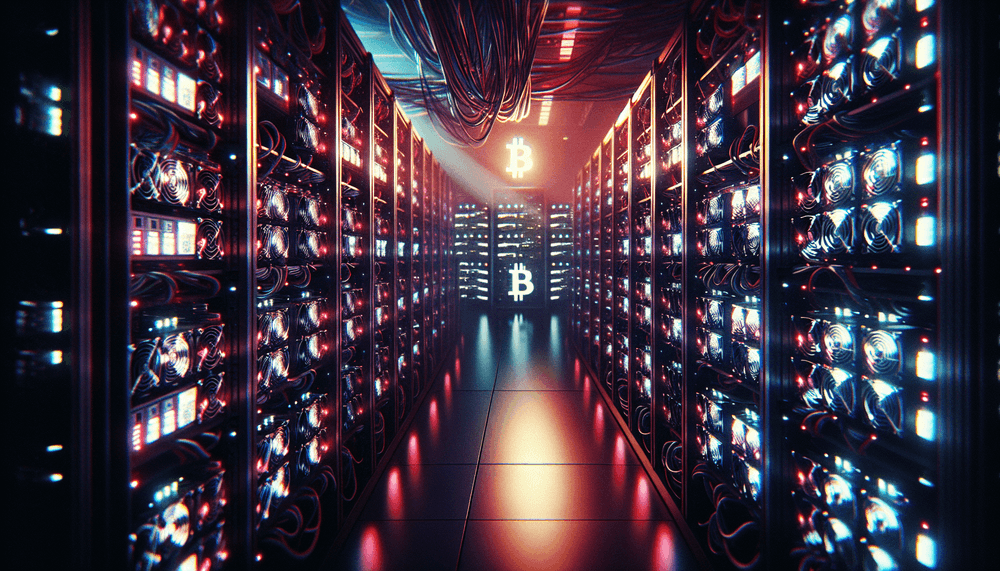 Dark server room with cryptocurrency mining equipment under dramatic lighting