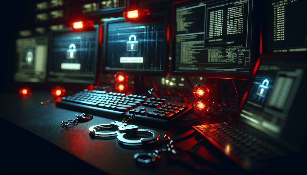 Dark computer workstation with multiple monitors and handcuffs in foreground
