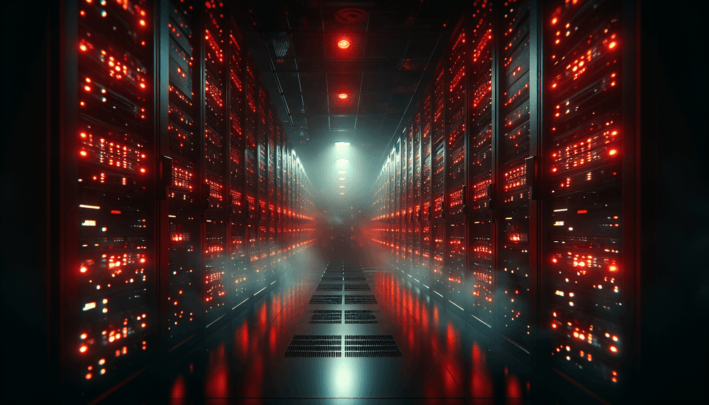 Dark server room with red emergency lighting and computer terminals