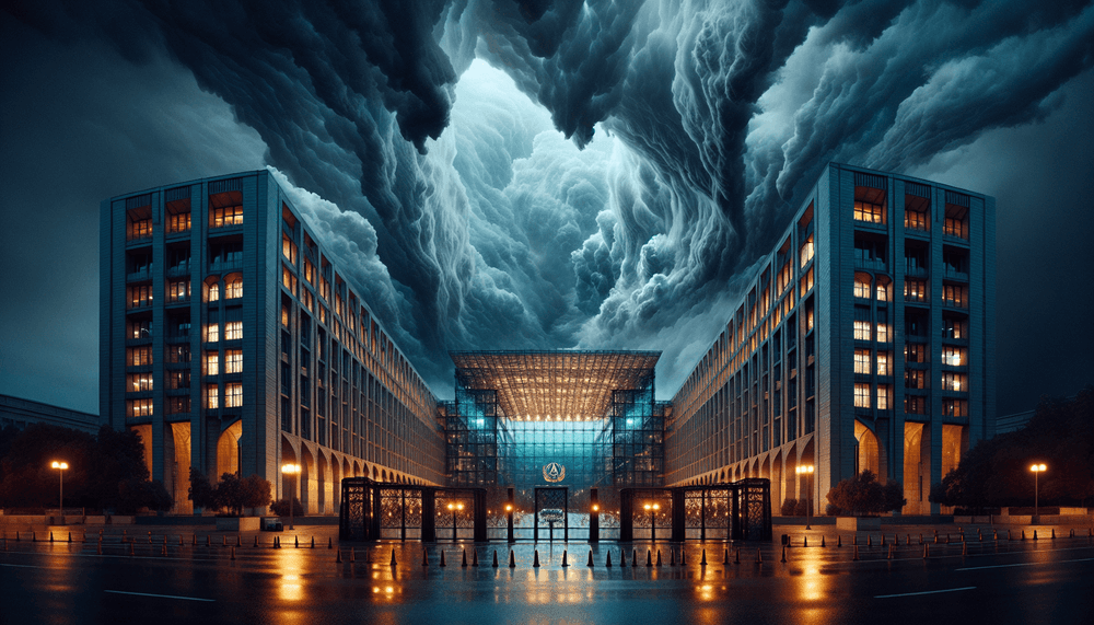 Government building with emergency lighting and storm clouds overhead