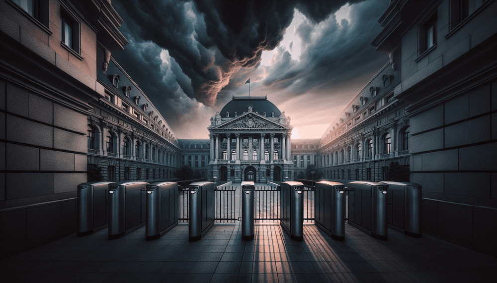 European government building with security barriers under stormy evening sky