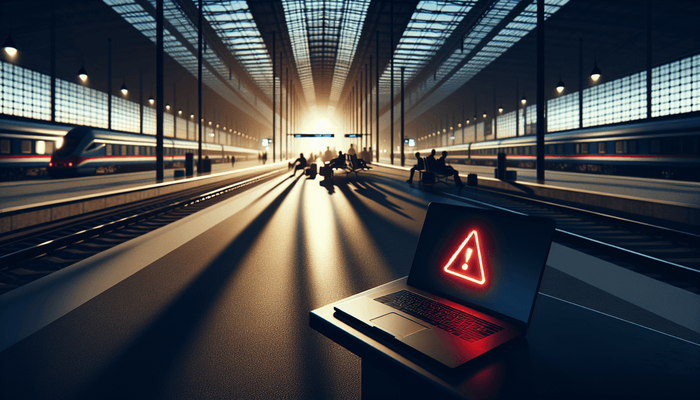 Empty European train station platform with laptop showing security warning at dusk