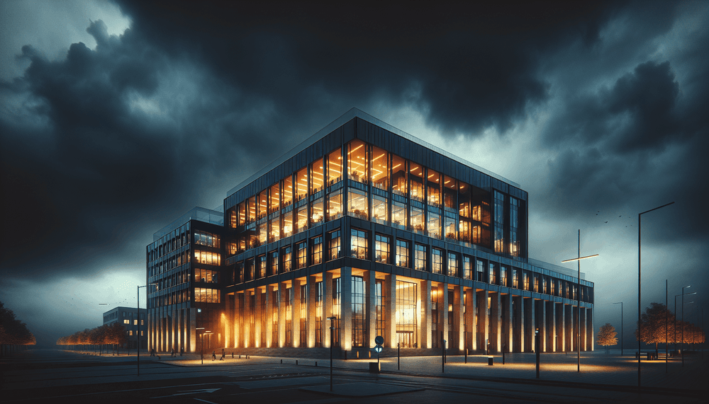 Modern European government building exterior with dramatic lighting and storm clouds