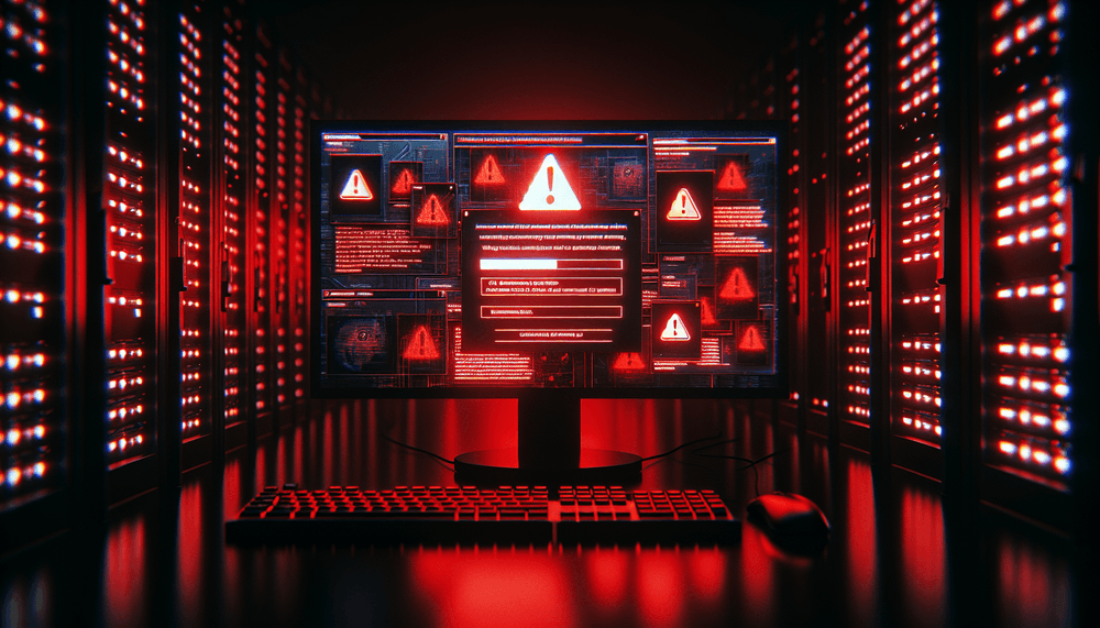 Computer screen showing fraudulent website with warning indicators and dramatic lighting