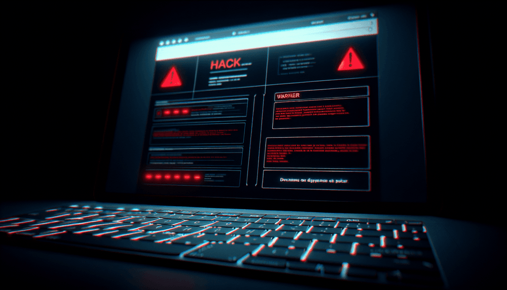 Computer screen showing deceptive website interface with warning indicators and dramatic lighting