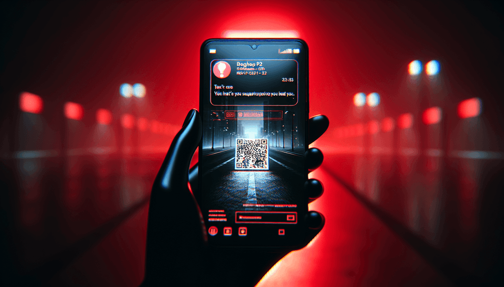 Smartphone displaying suspicious text message with QR code under red warning lighting