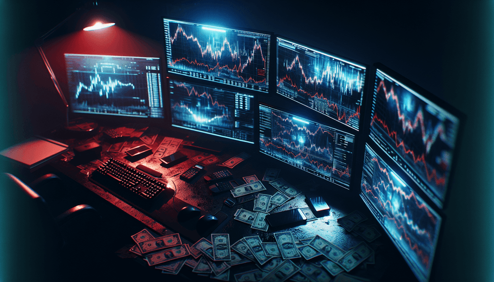 Dark computer workstation with financial charts and warning alerts on multiple monitors