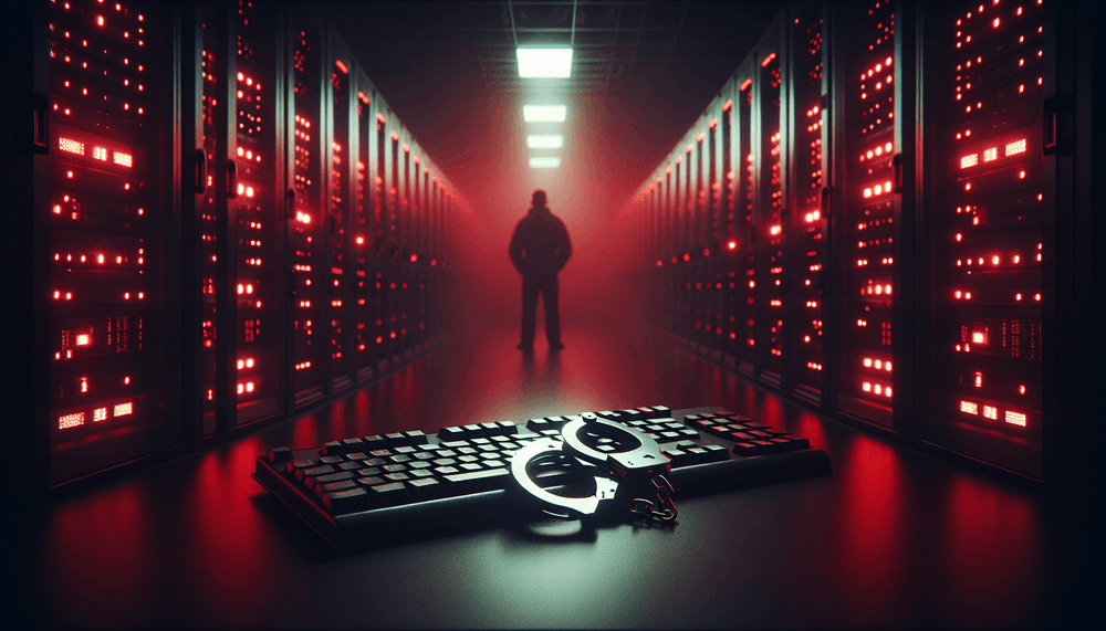 Server room with emergency lighting and handcuffs on keyboard representing law enforcement cybercrime operation