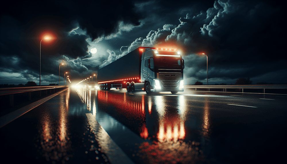Cargo truck on dark highway with warning lights and stormy atmosphere