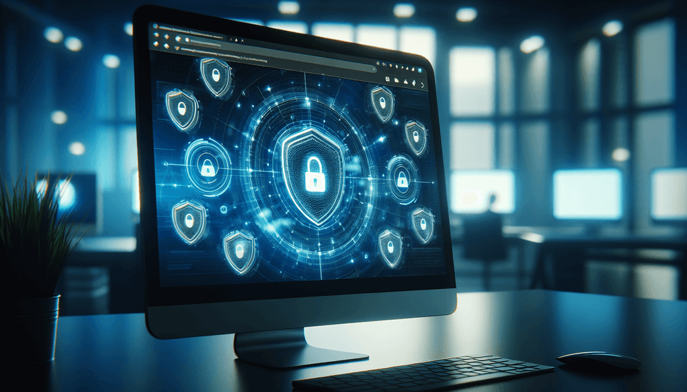 Computer screen showing Firefox browser with security update notification and shield protection icons