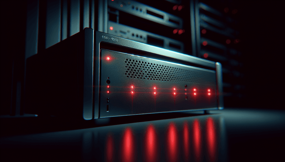 Cisco firewall device illuminated by red warning lights in dark server room