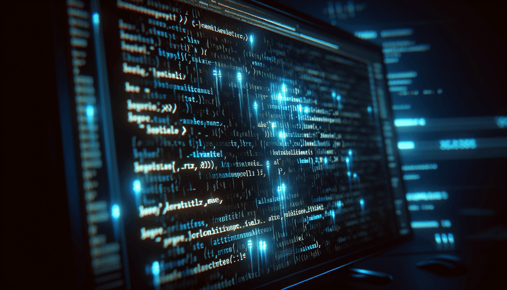 Computer screen showing HTML code with morphing font characters and glowing text