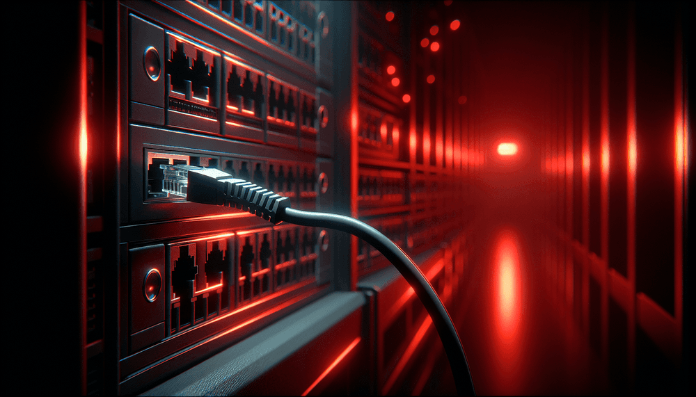 Server rack with red emergency lighting and unplugged network cable