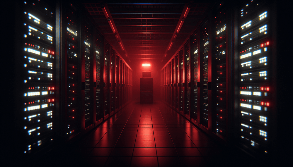 Server room with red emergency lighting highlighting network security equipment