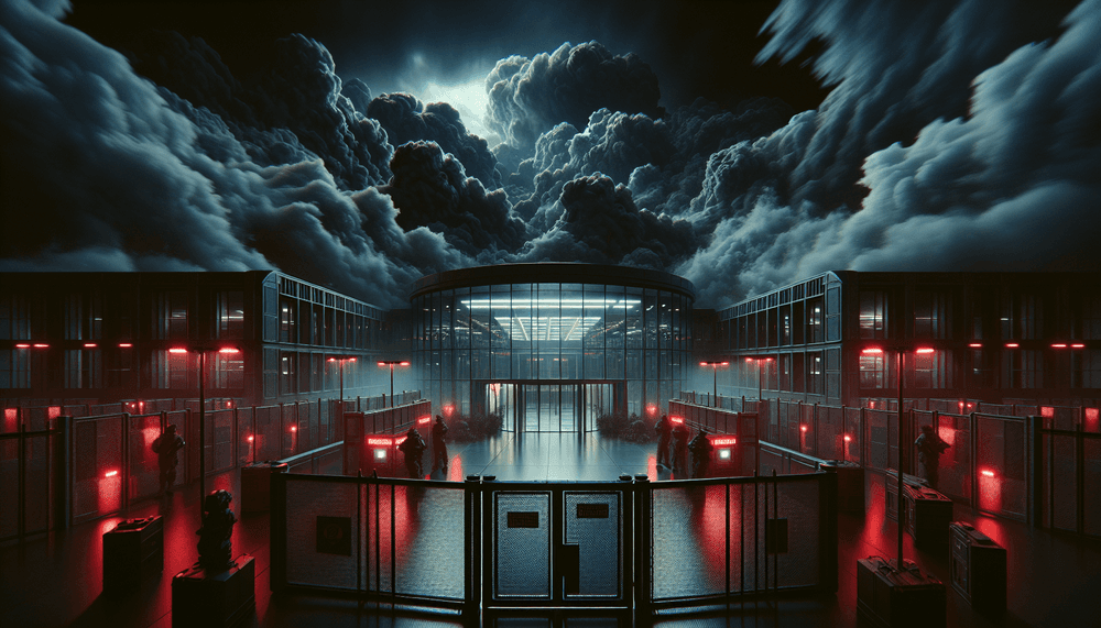 Government building with emergency lighting during security incident response