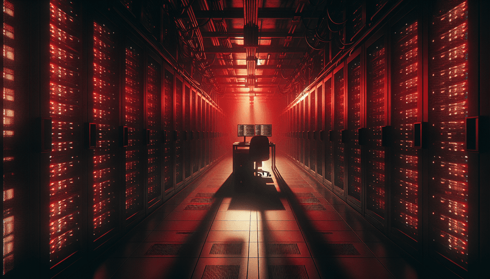Dark server room with red emergency lighting and glowing computer monitors