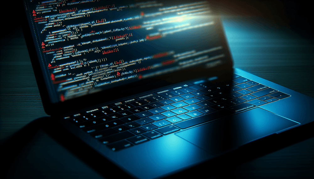 Laptop screen showing GitHub code repository with security warning indicators