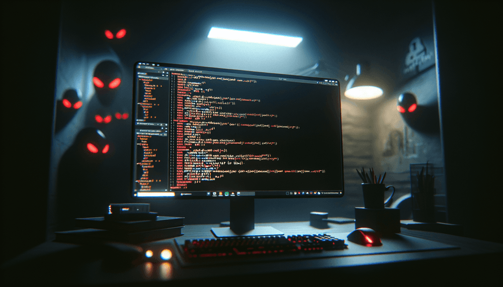 Computer screen showing Python code with security warning indicators in dark lighting