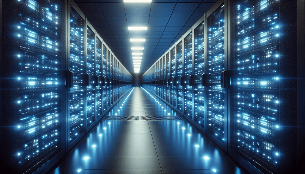 Modern data center with blue-lit servers in clean industrial setting