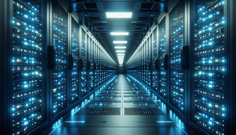 Modern data center server room with blue lighting and server racks