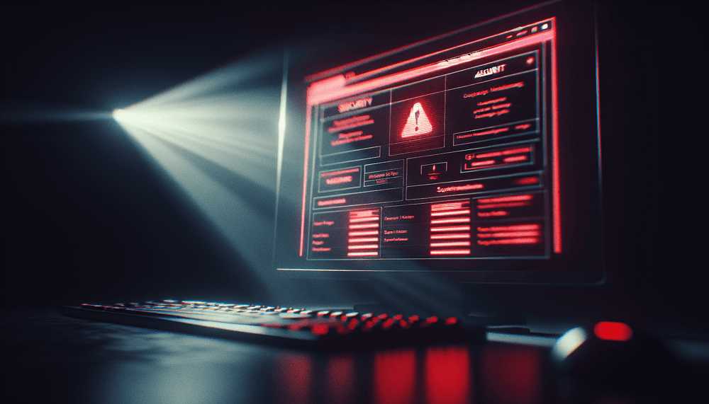 Computer screen showing Chrome browser with security warning indicators in dramatic lighting