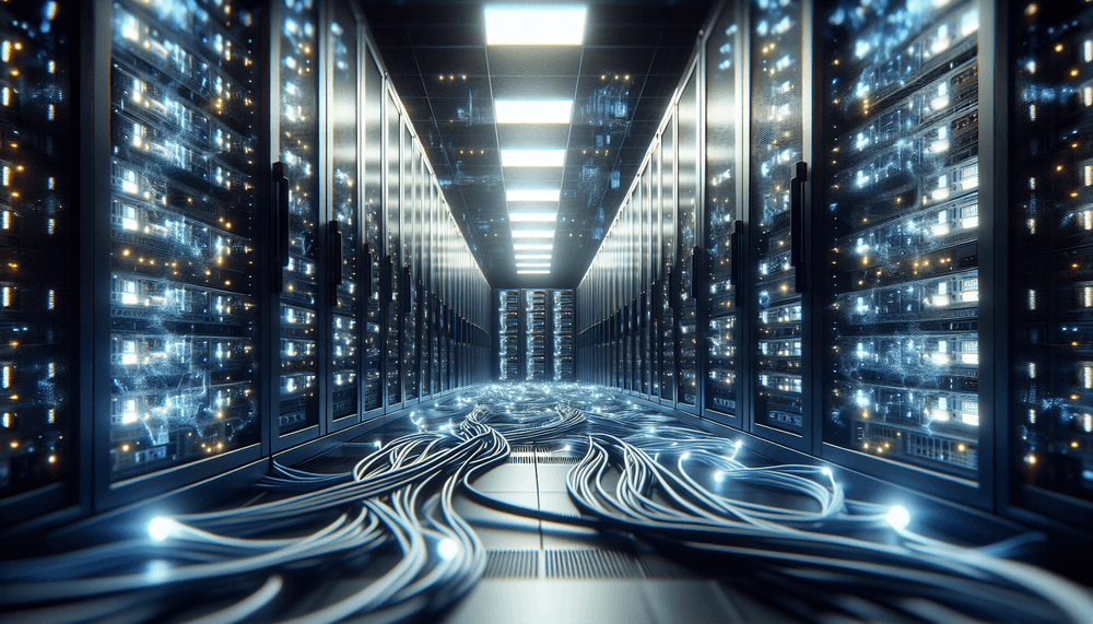 Modern server room with glowing blue servers and network infrastructure