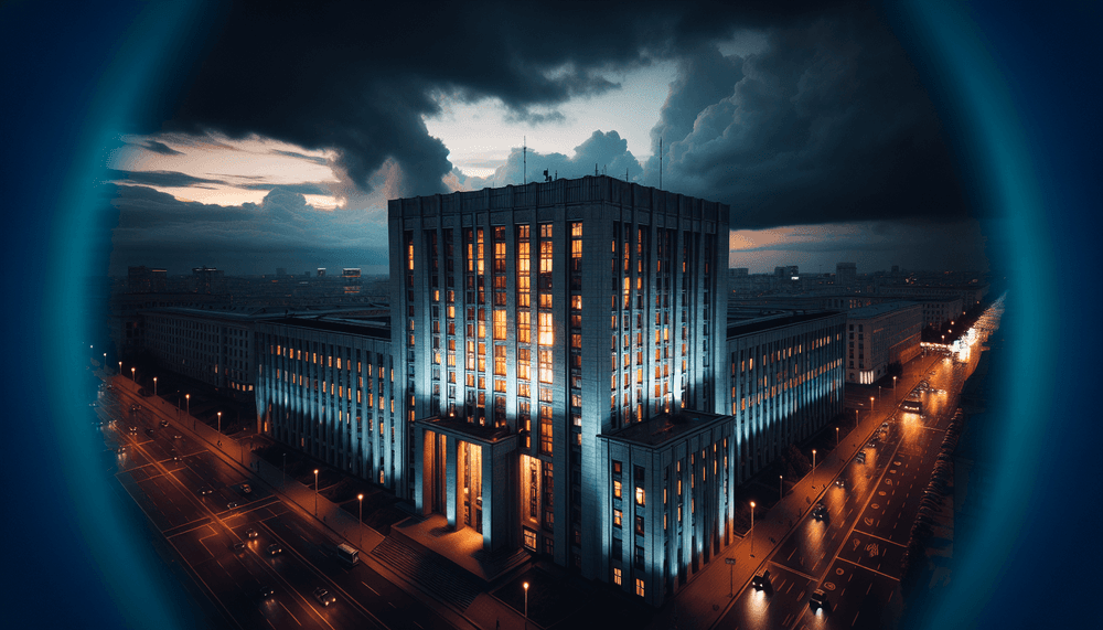 Government building at dusk with dramatic lighting and storm clouds