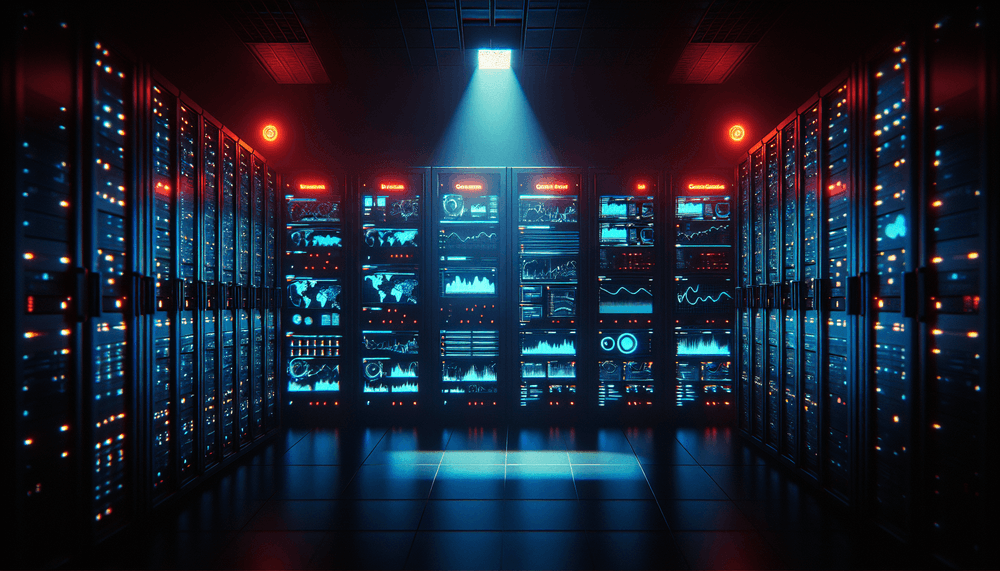 Dark server room with glowing monitors displaying data dashboards and warning lights