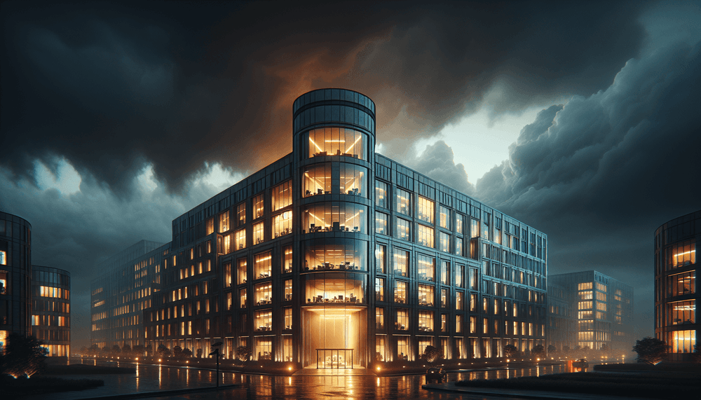 Modern office building at dusk with illuminated windows and stormy sky
