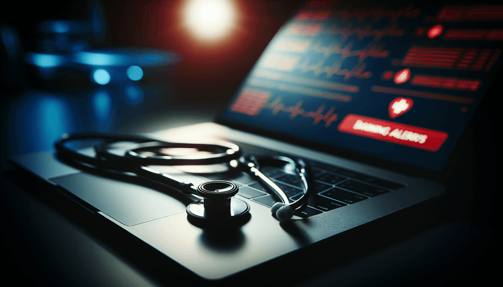 Stethoscope on laptop keyboard with security warning alerts displayed on screen