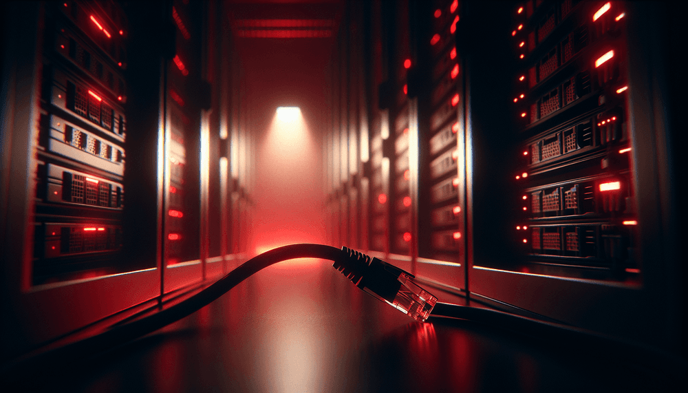 Server rack with red emergency lighting and unplugged network cable