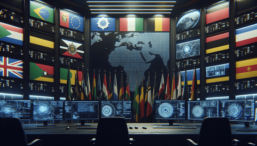 International cybercrime investigation center with multiple flags and computer screens