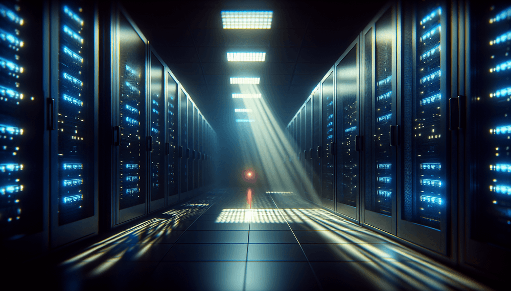 Dark server room with blue glowing racks and red warning light