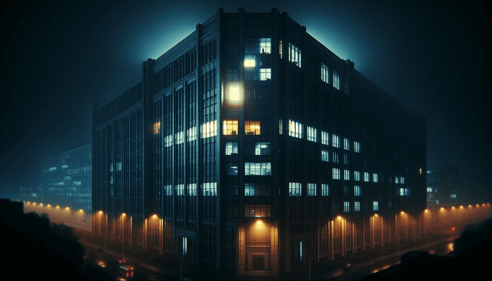 Government office building at night with dramatic security lighting and shadows