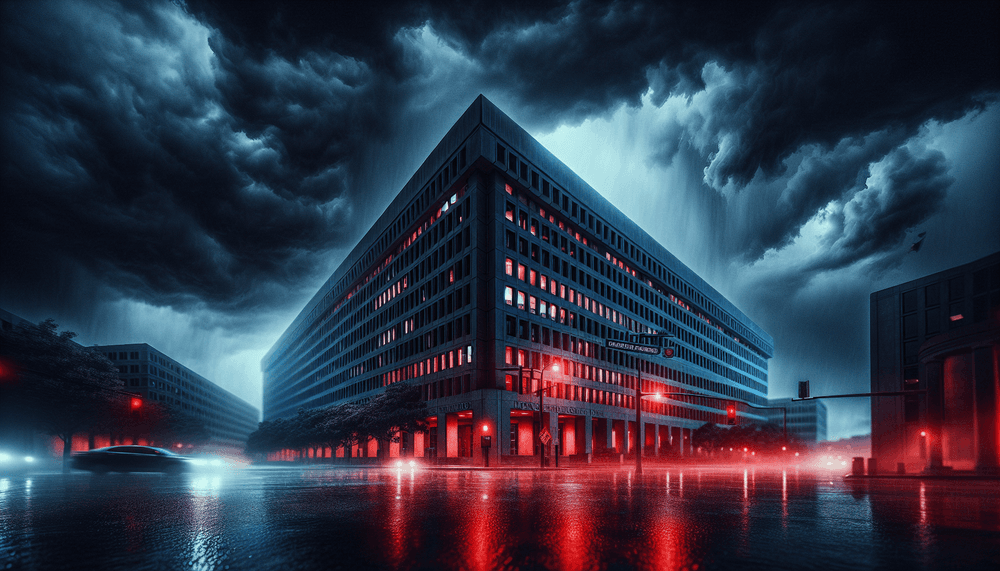 FBI headquarters building under stormy skies with dramatic lighting