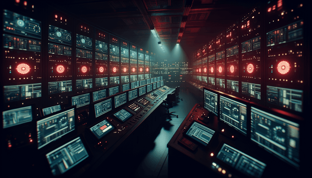 Industrial control room with monitoring screens and warning lights in dramatic lighting