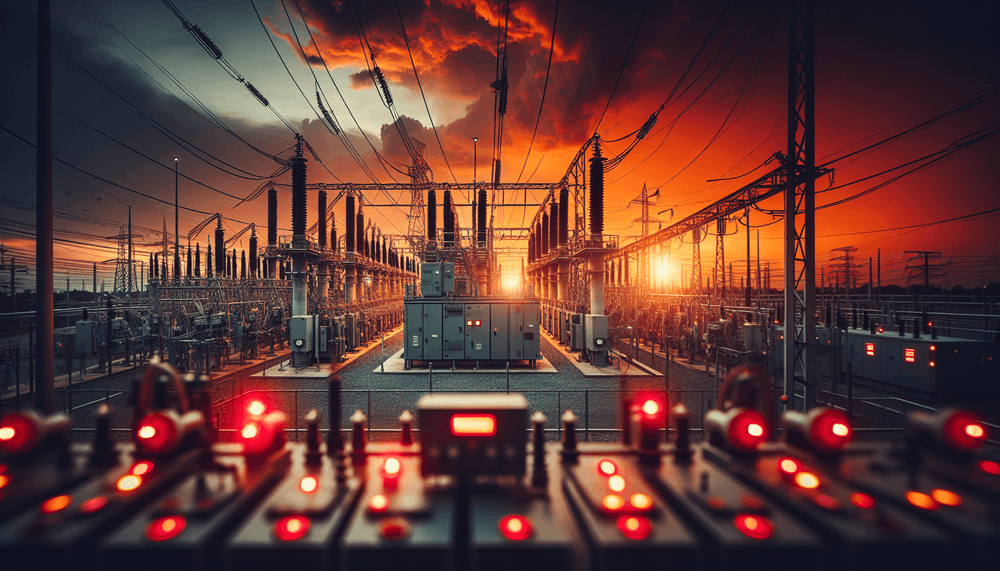 Industrial electrical substation with transformers and control equipment at sunset