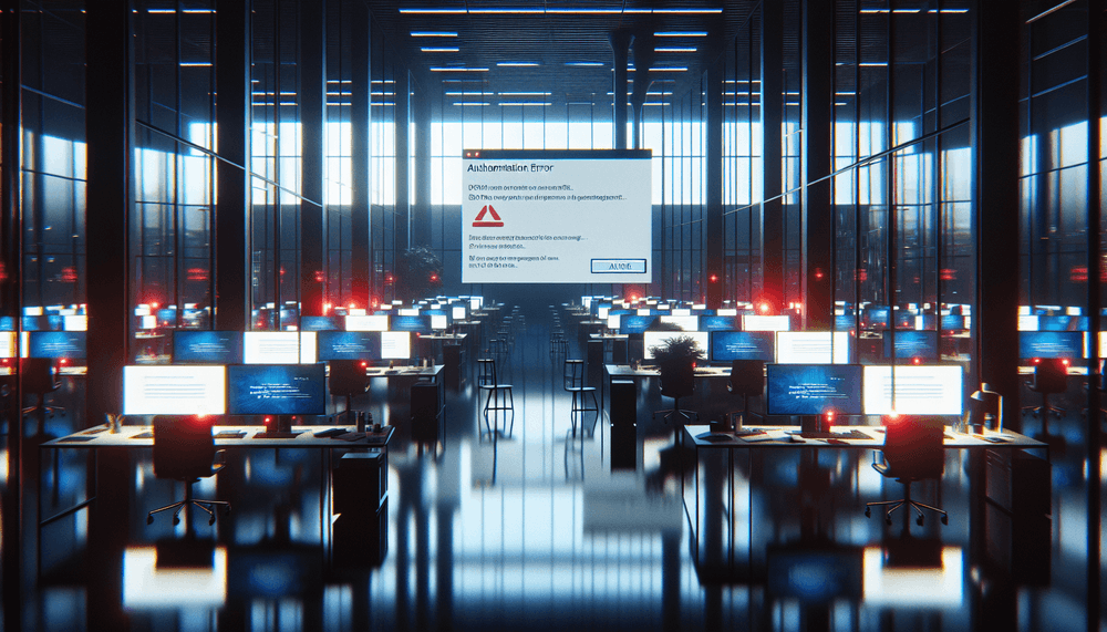 Empty office workstations displaying authentication error messages on computer monitors