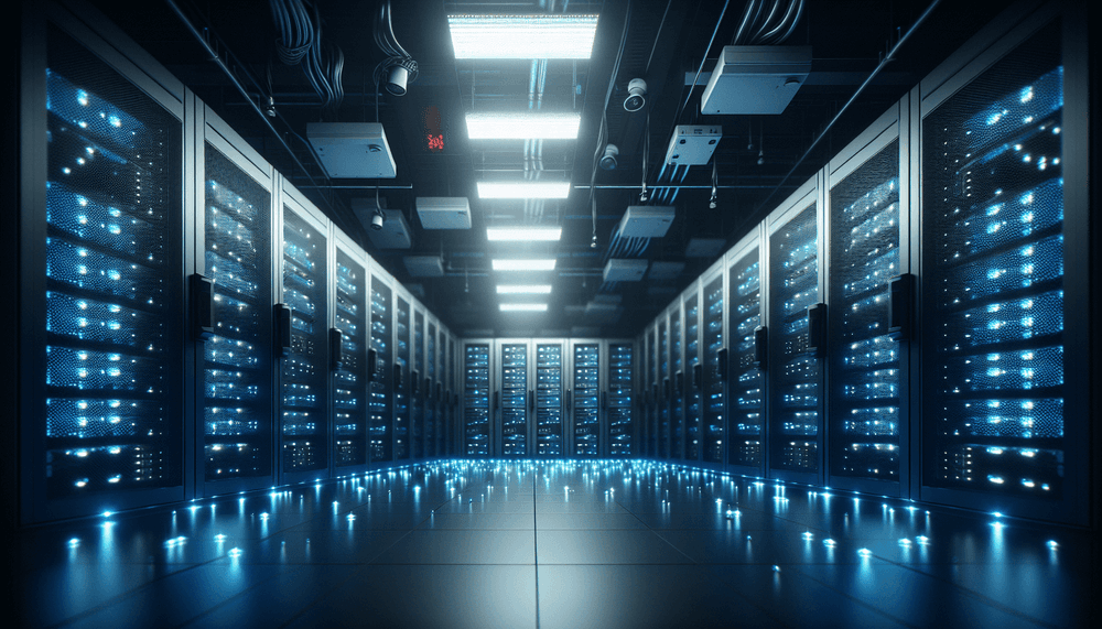 Modern data center with server racks and security monitoring equipment