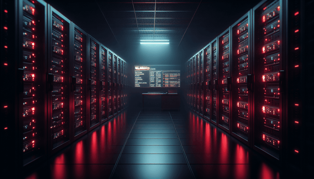 Dark server room with red emergency lighting and encrypted file warnings on monitor screen