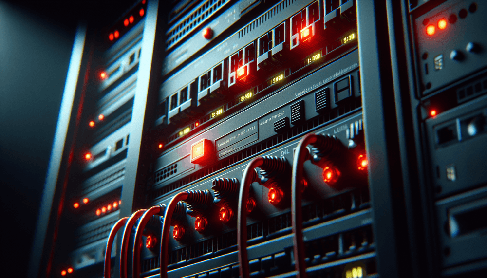 Server rack with red emergency warning lights and network cables in dramatic lighting