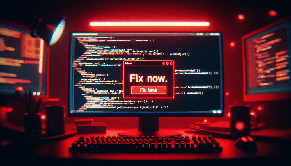 Computer screen showing fake JavaScript error dialog with red warning lighting