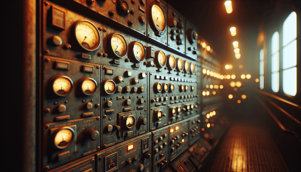 Vintage industrial control panel with analog gauges and switches in dimly lit facility