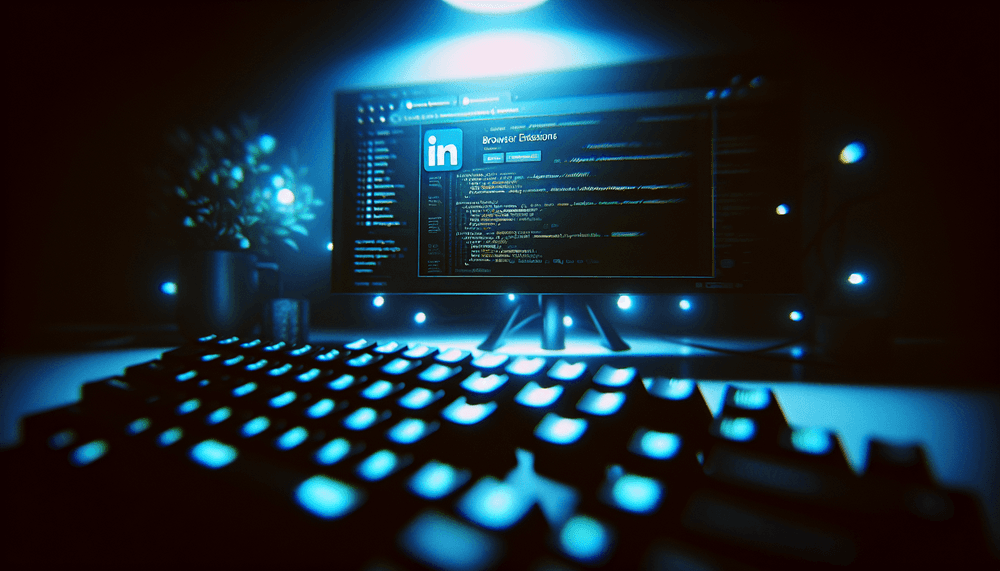 Computer screen showing browser extensions with blue lighting in dark environment