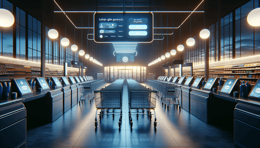 Empty grocery store interior with glowing smartphone screens showing login prompts